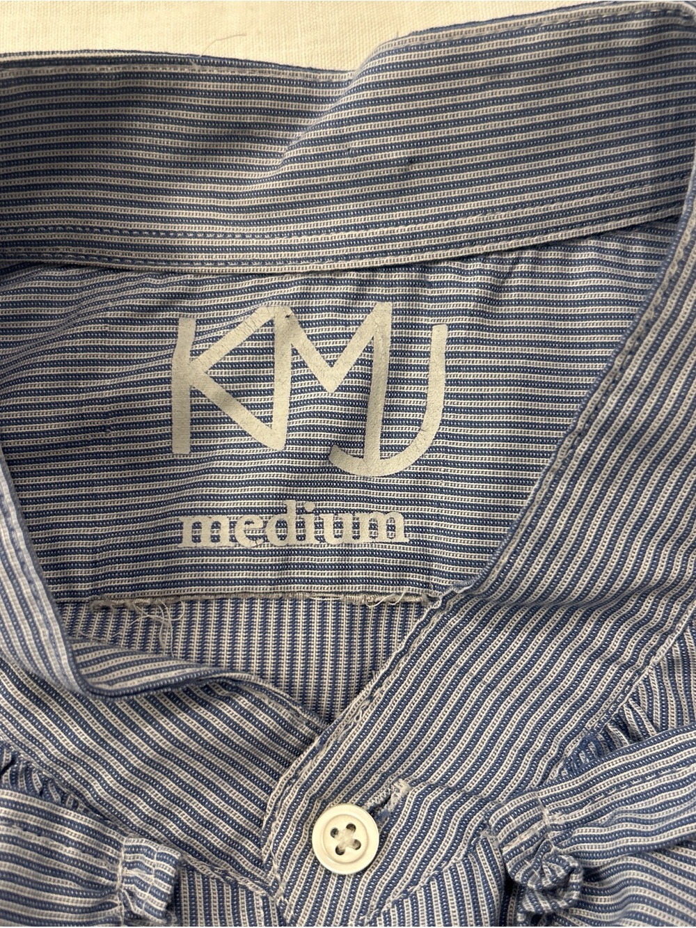 KMJ Ruffled Button-Up Blouse in Light Blue Pinstripe - Picture 3 of 4